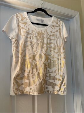 Women’s White Short-Sleeve Top with Metallic Gold Print